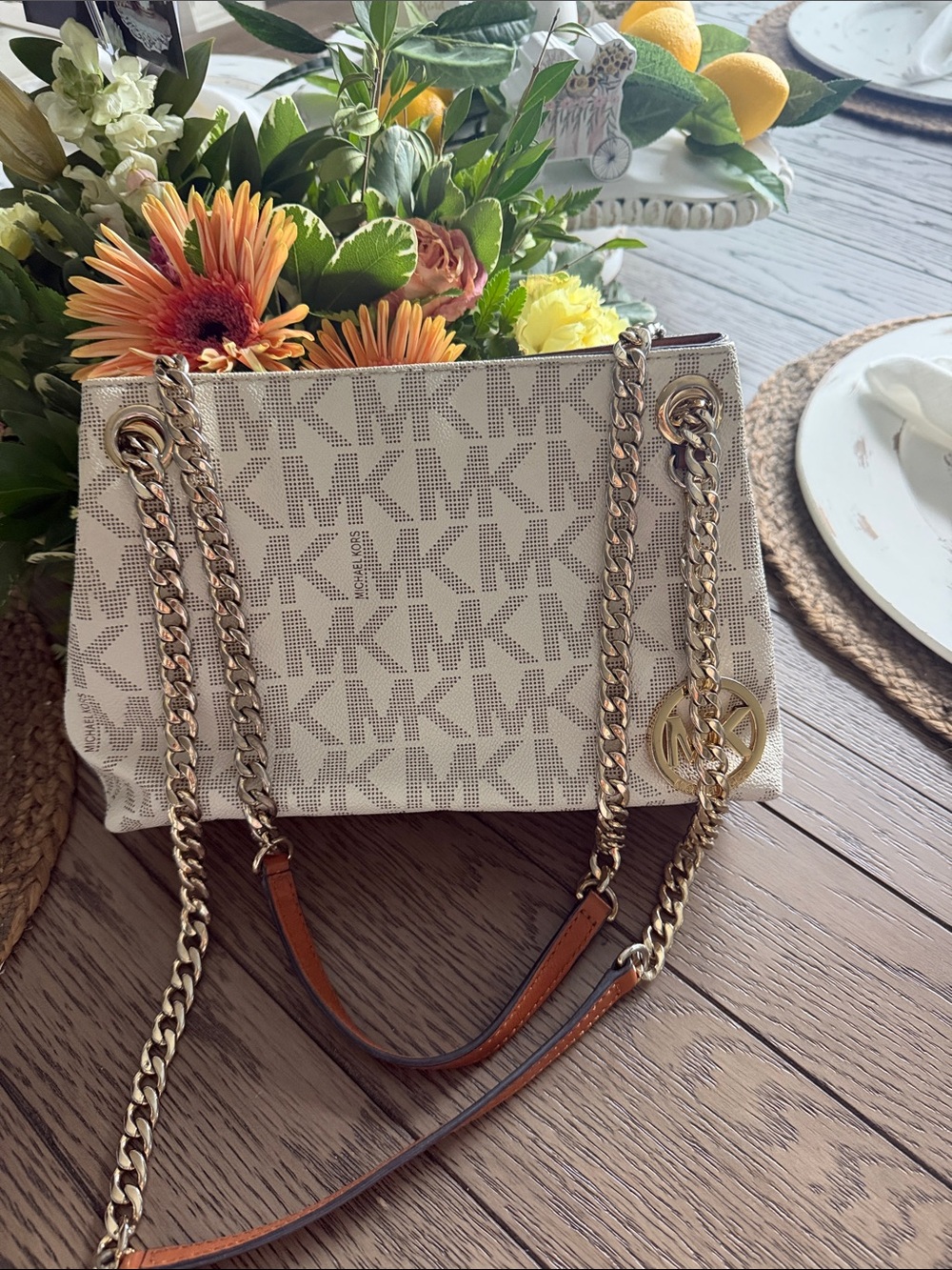 Michael Kors Beige Logo Chain-Handle Shoulder Bag